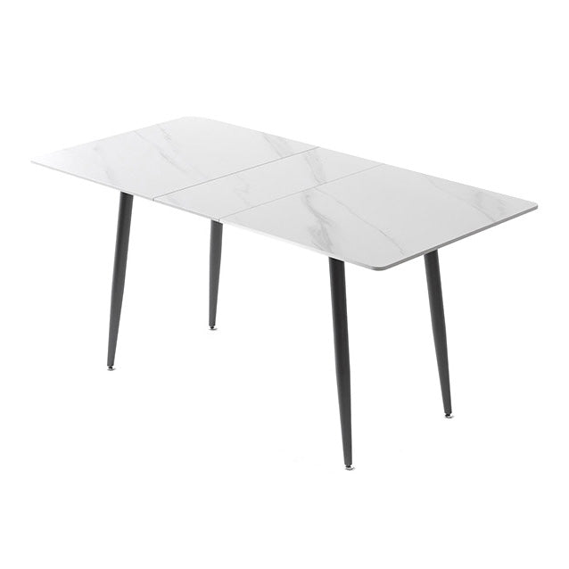 Mesa de comedor industrial extensible rectángulo Mesa de piedra sinterizada blanca con 4 piernas negras