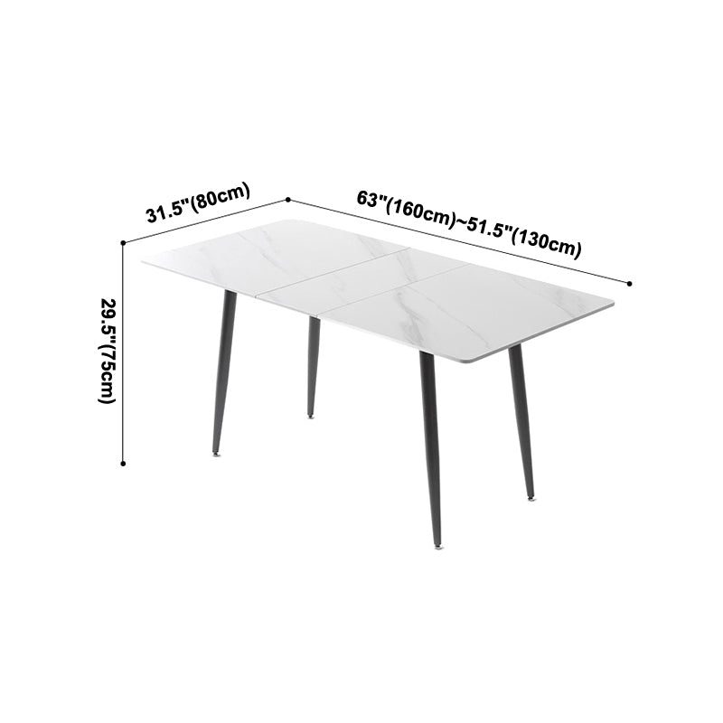 Mesa de comedor industrial extensible rectángulo Mesa de piedra sinterizada blanca con 4 piernas negras