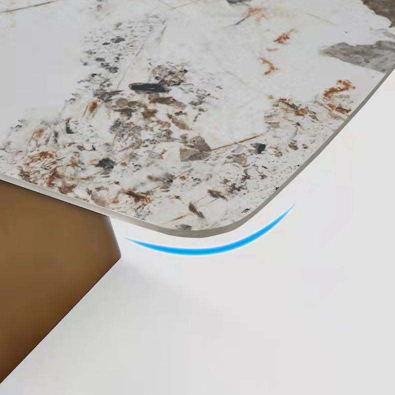 Traditional Rectangle Luxury Dining Table White Sintered Stone Table with Metal Pedestal Base