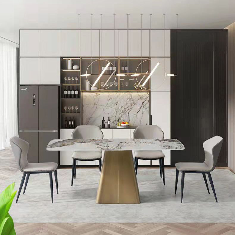 Traditional Rectangle Luxury Dining Table White Sintered Stone Table with Metal Pedestal Base