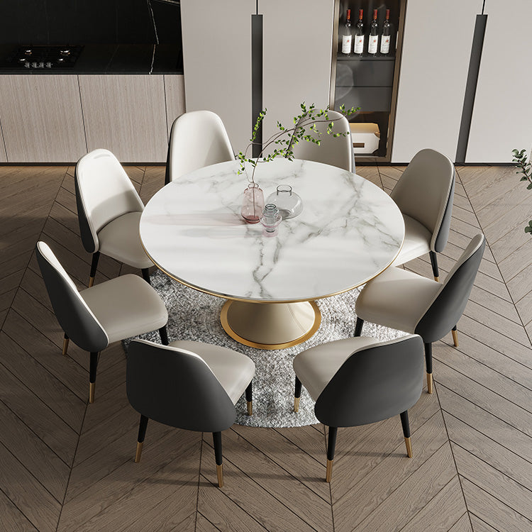 Mesa de comedor de lujo tradicional redonda mesa de piedra sinterizada blanca con base de pedestal blanco