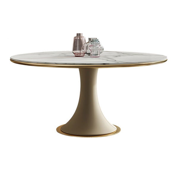 Mesa de comedor de lujo tradicional redonda mesa de piedra sinterizada blanca con base de pedestal blanco