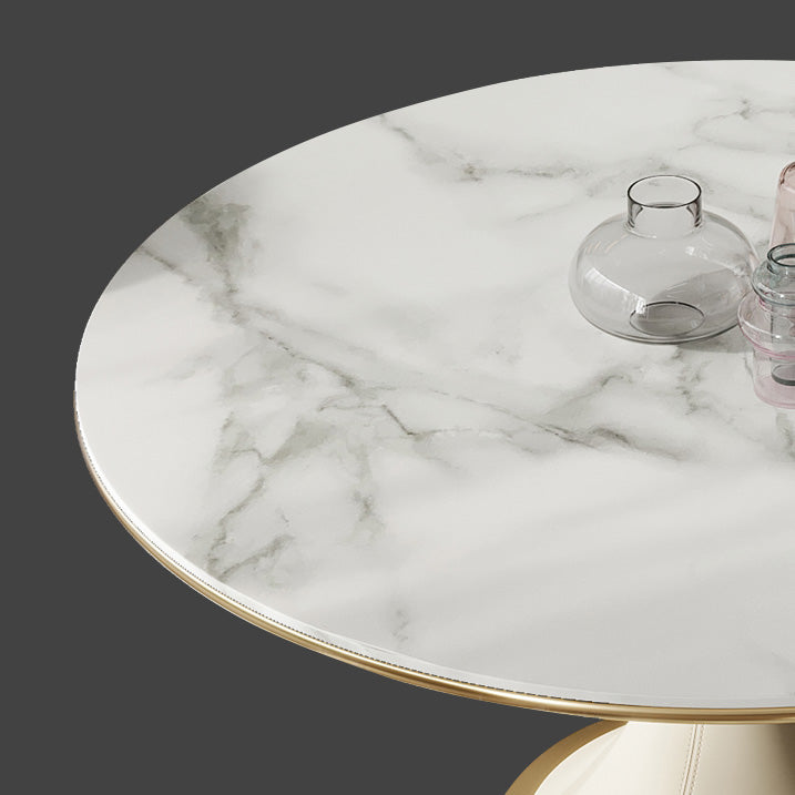 Mesa de comedor de lujo tradicional redonda mesa de piedra sinterizada blanca con base de pedestal blanco