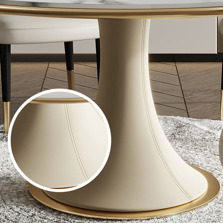 Mesa de comedor de lujo tradicional redonda mesa de piedra sinterizada blanca con base de pedestal blanco