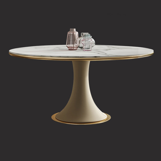 Mesa de comedor de lujo tradicional redonda mesa de piedra sinterizada blanca con base de pedestal blanco