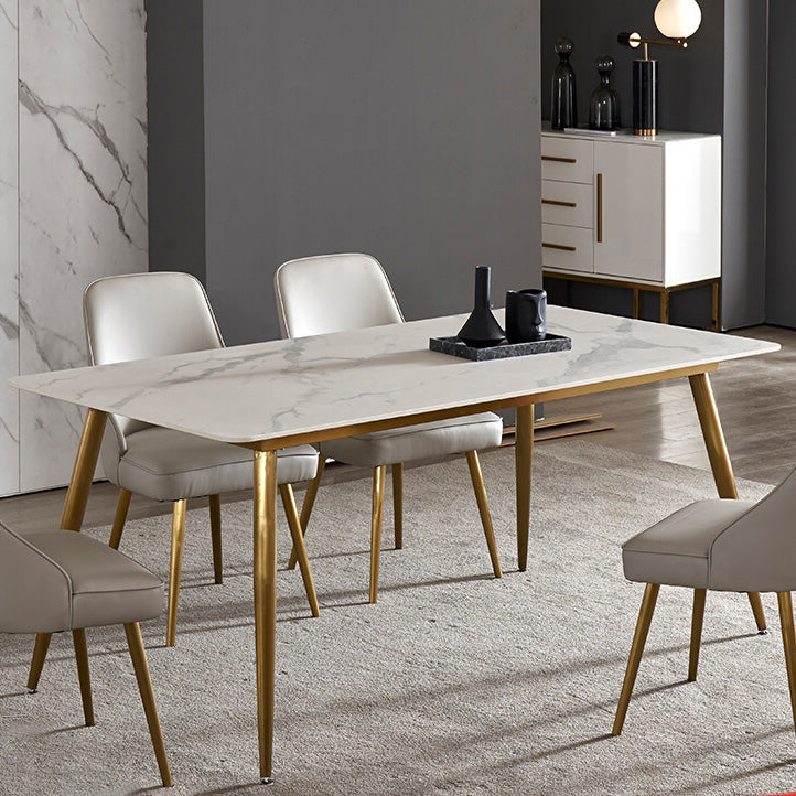 Traditional Luxury Rectangle Dining Table White Sintered Stone Table with 4 Gold Legs