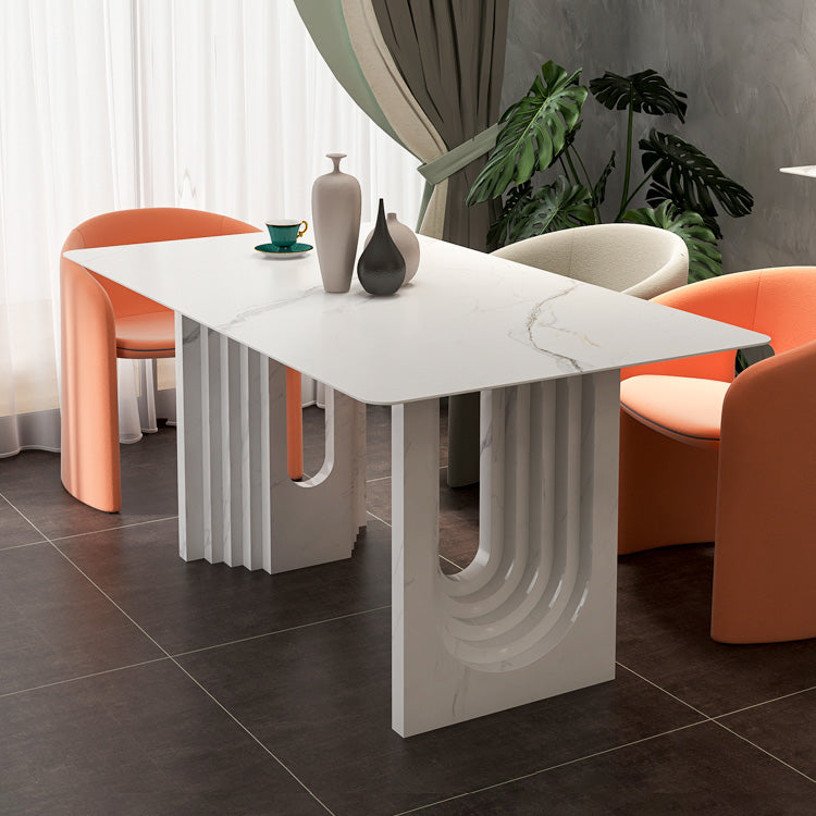 47.24''L Contemporary Sintered Stone Table White Dining Table with Double Pedestal Bases