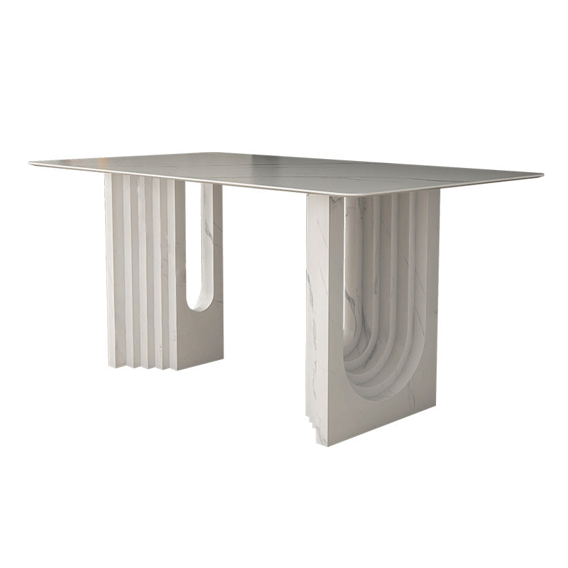 47.24''L Contemporary Sintered Stone Table White Dining Table with Double Pedestal Bases