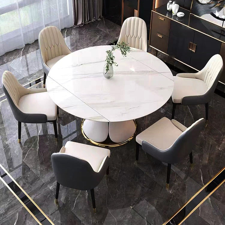 Glam Sintered Stone Extendable Table Round Shape Kitchen Dining Table with Pedestal Base