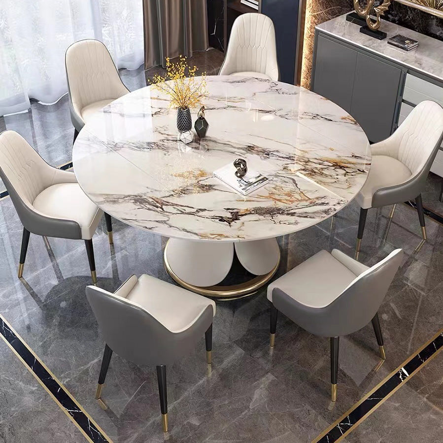Glam Sintered Stone Extendable Table Round Shape Kitchen Dining Table with Pedestal Base