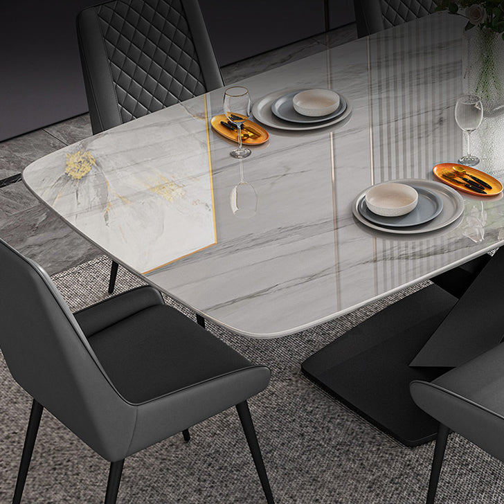 Traditional Luxury Rectangle Dining Table White Sintered Stone Table with Black Pedestal Base