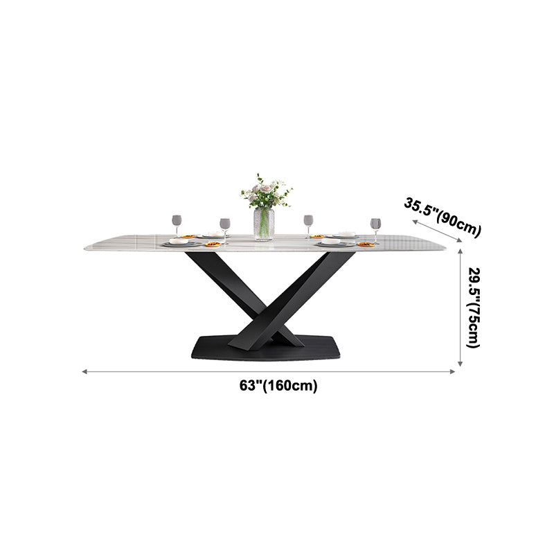 Traditional Luxury Rectangle Dining Table White Sintered Stone Table with Black Pedestal Base