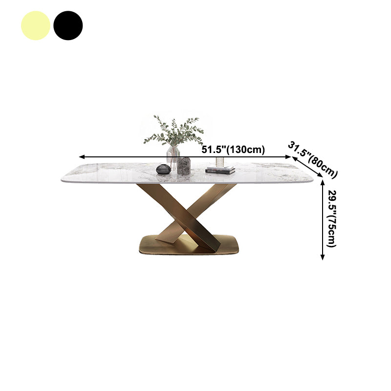 Mesa de comedor de piedra sinterizada de lujo Mesa blanca rectangular con pedestal de metal