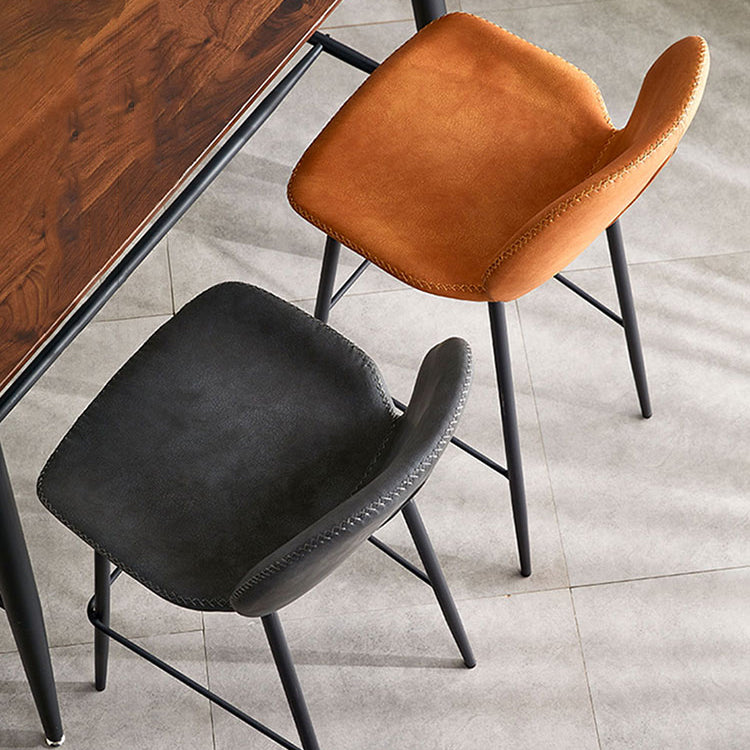 Taburete de bar de cuero moderno para interiores, taburete bajo con respaldo sin brazos y patas de acero