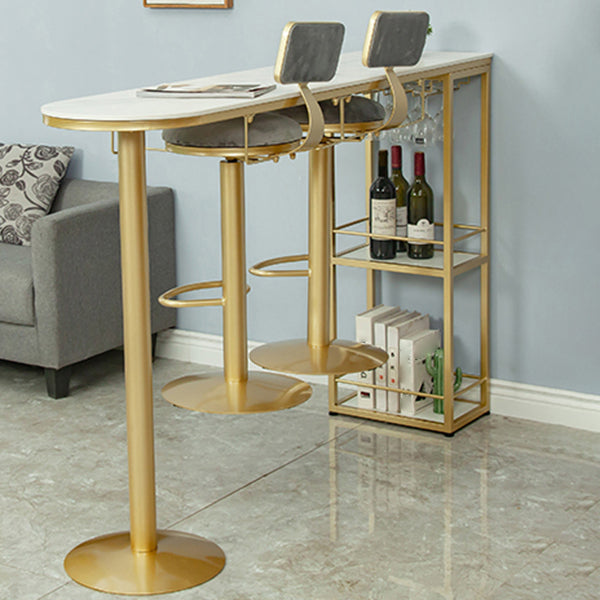 White Stone Glam Indoor Bar Dining Table Gold Double Pedestal Bistro Table with Shelve