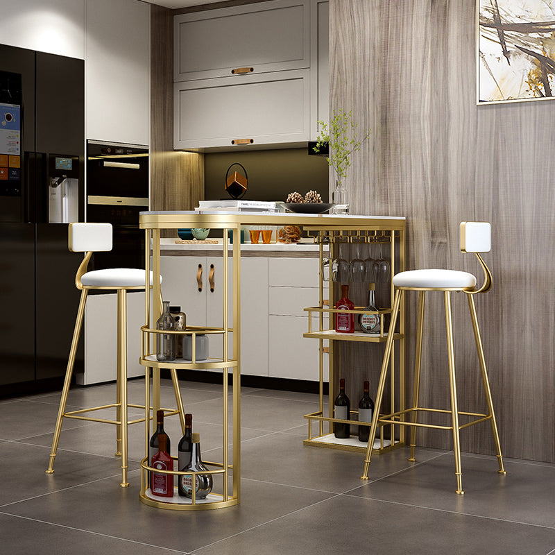 Glam White Stone Bar Dining Table Iron Double Pedestal Bistro Table with Shelf