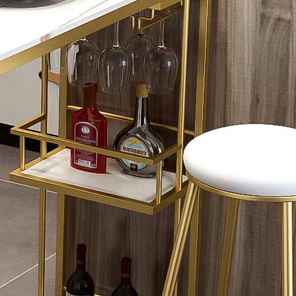 Glam White Stone Bar Dining Table Iron Double Pedestal Bistro Table with Shelf