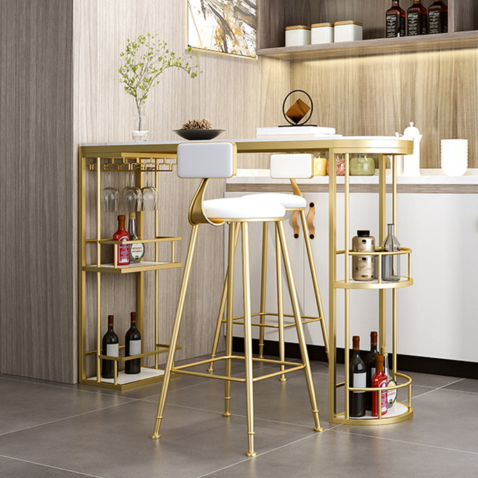 Glam White Stone Bar Dining Table Iron Double Pedestal Bistro Table with Shelf