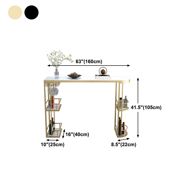 Glam White Stone Bar Dining Table Iron Double Pedestal Bistro Table with Shelf