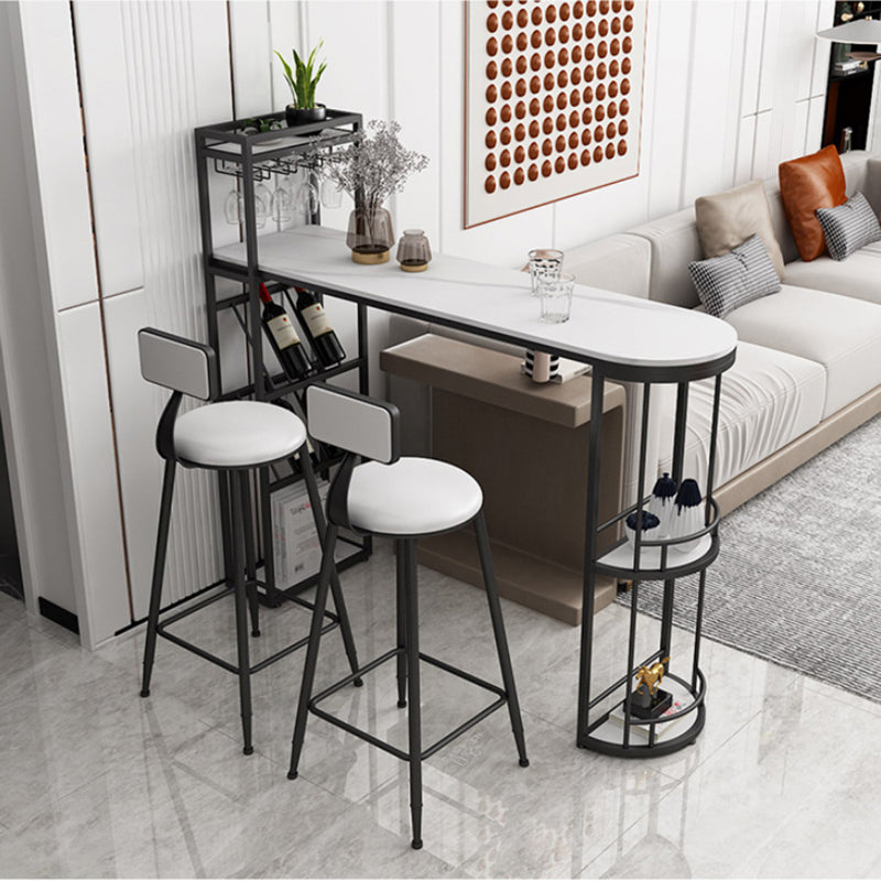 White Stone Glam Indoor Bar Dining Table Iron Double Pedestal Bistro Table with Wine Rack