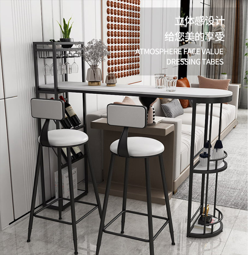 White Stone Glam Indoor Bar Dining Table Iron Double Pedestal Bistro Table with Wine Rack