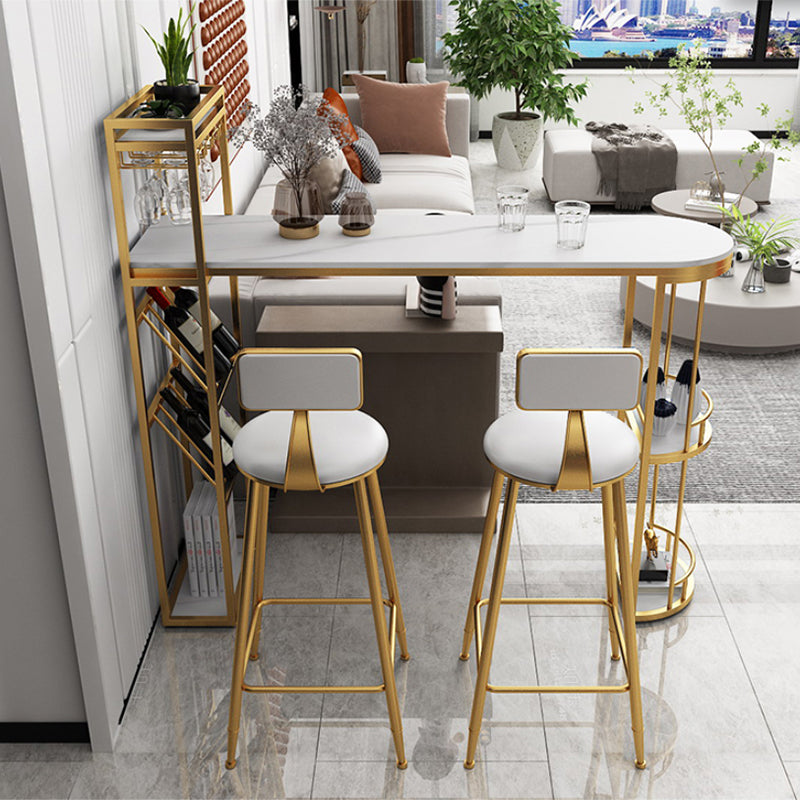 White Stone Glam Indoor Bar Dining Table Iron Double Pedestal Bistro Table with Wine Rack