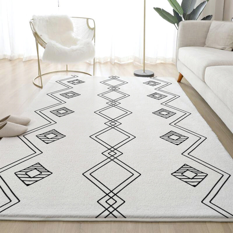 White Line Pattern Rug Polyester Modern Rug Washable Rug for Drawing Room