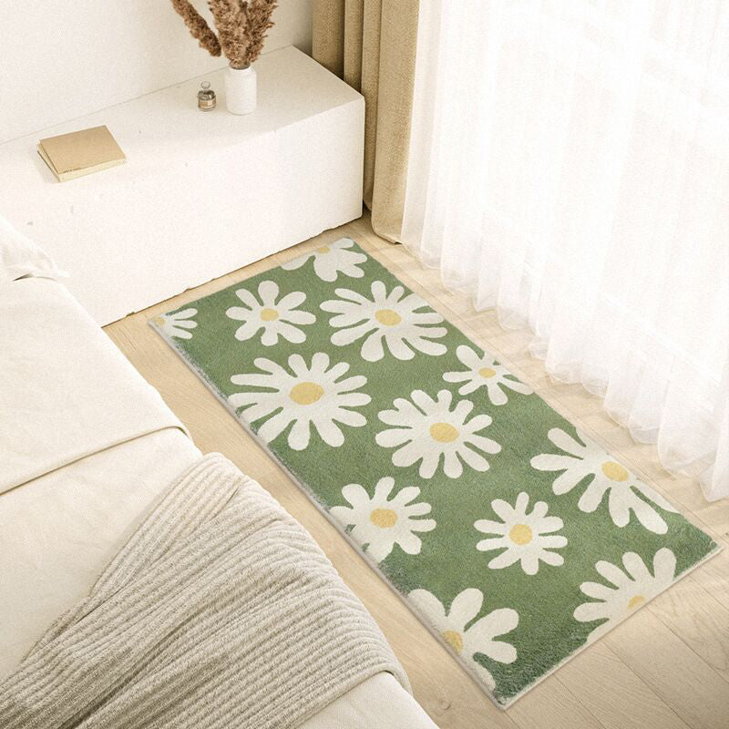 Green Flower Print Rug Polyester Modern Rug Washable Rug for Home Decor