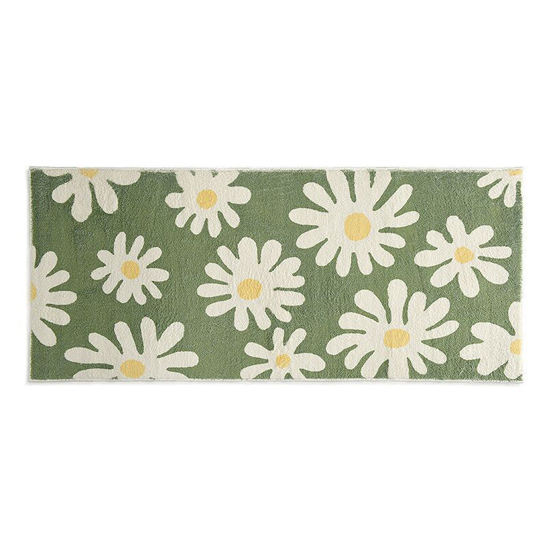 Green Flower Print Rug Polyester Modern Rug Washable Rug for Home Decor