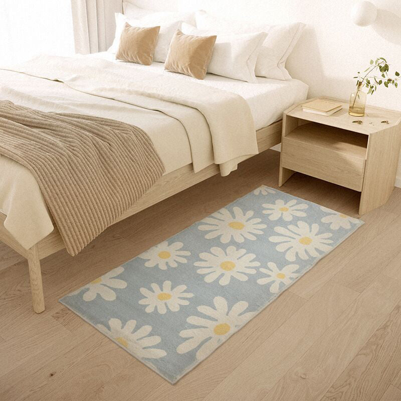 Green Flower Print Rug Polyester Modern Rug Washable Rug for Home Decor
