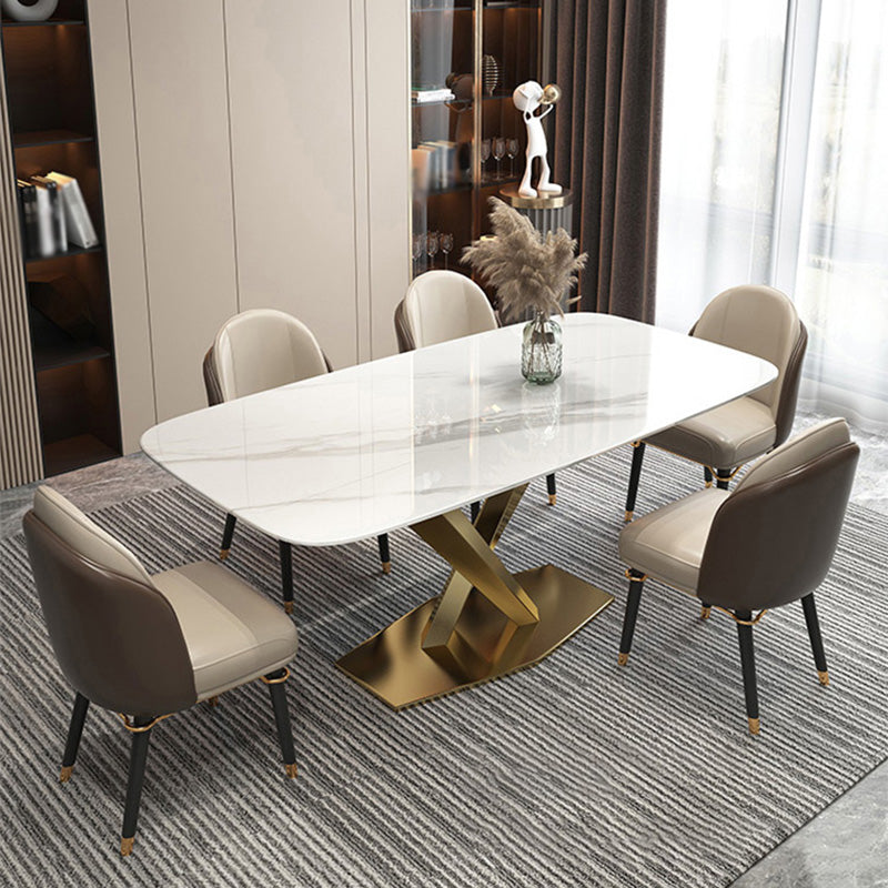 Rectangle Traditional Luxury Dining Table White Sintered Stone Table with Metal Pedestal Base
