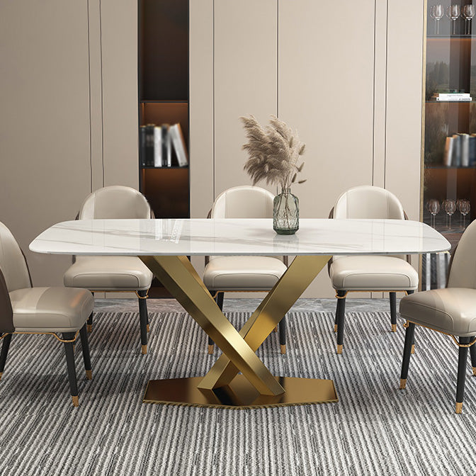 Rectangle Traditional Luxury Dining Table White Sintered Stone Table with Metal Pedestal Base
