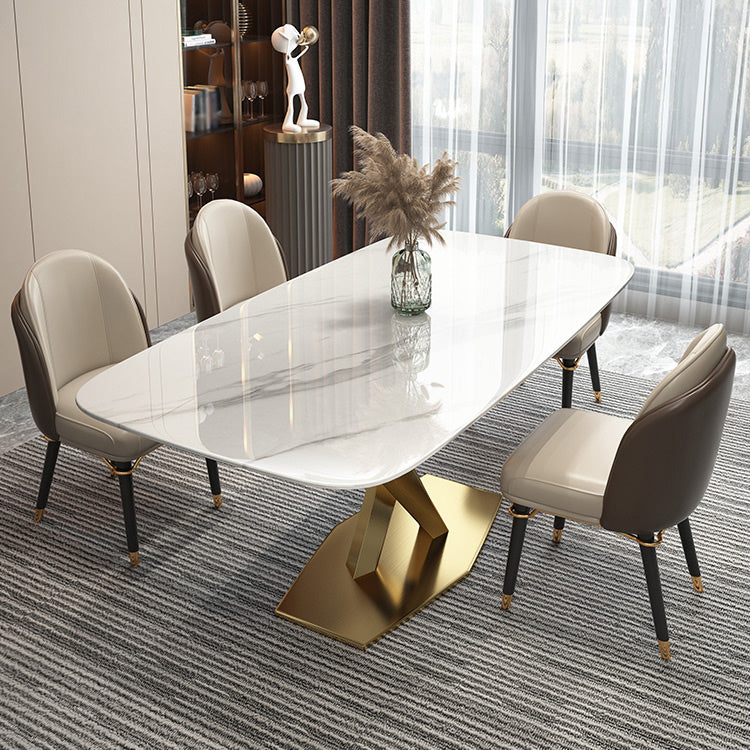 Rectangle Traditional Luxury Dining Table White Sintered Stone Table with Metal Pedestal Base