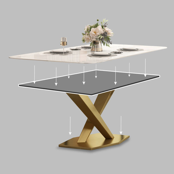 Rectangle Traditional Luxury Dining Table White Sintered Stone Table with Metal Pedestal Base