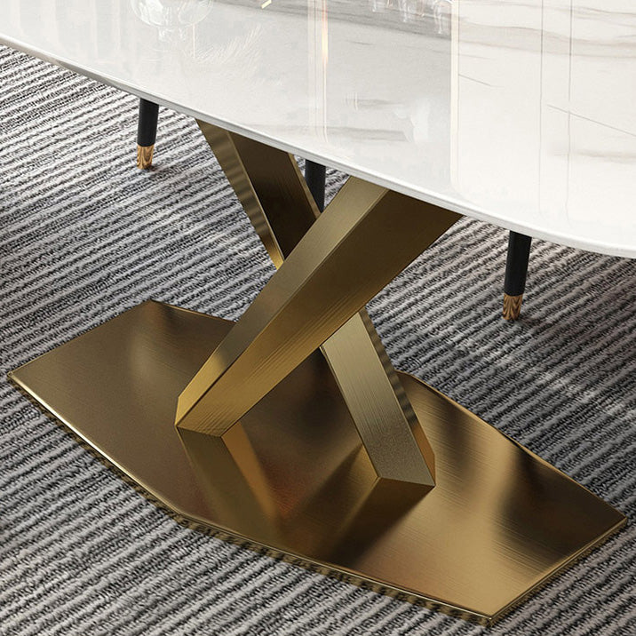Rectangle Traditional Luxury Dining Table White Sintered Stone Table with Metal Pedestal Base