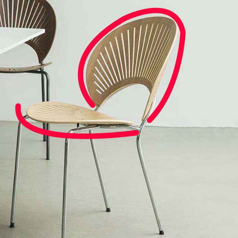 Silla lateral casera contemporánea con respaldo abierto, patas de metal, silla de comedor de madera