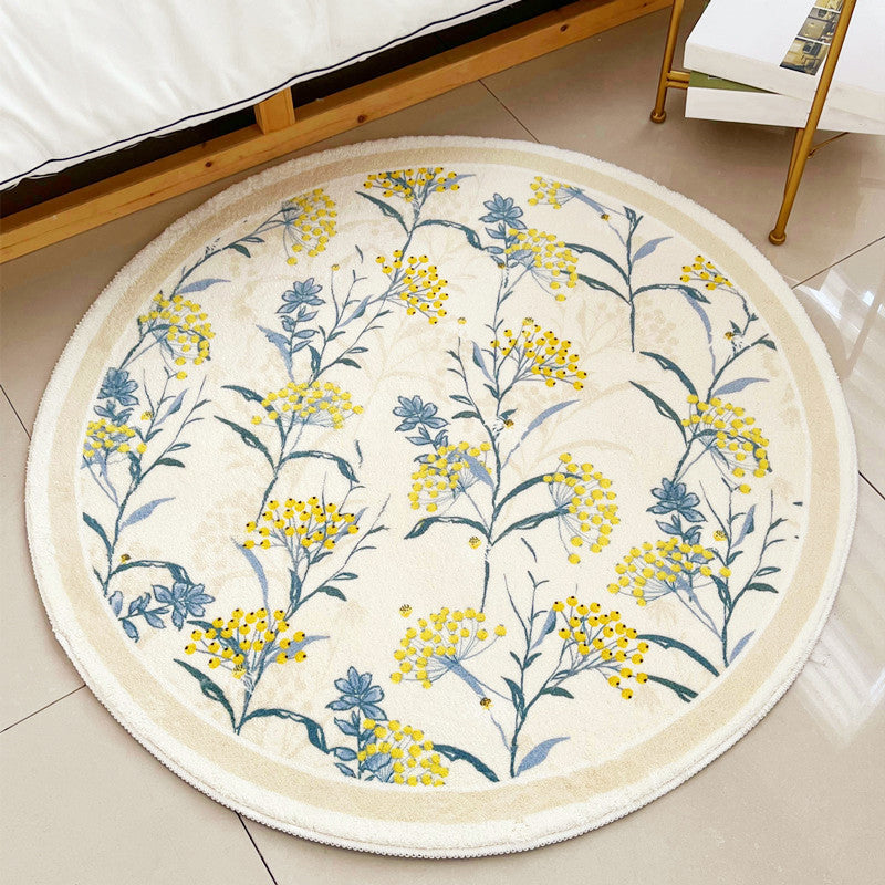 Simple Pastoral Flower Rug Round Carpet Non-Slip Backing Rug for Home Decor