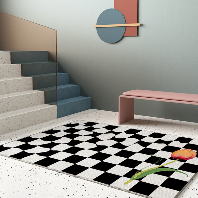 Black Simple Rug Polyester Flower Rug Washable Rug for Living Room