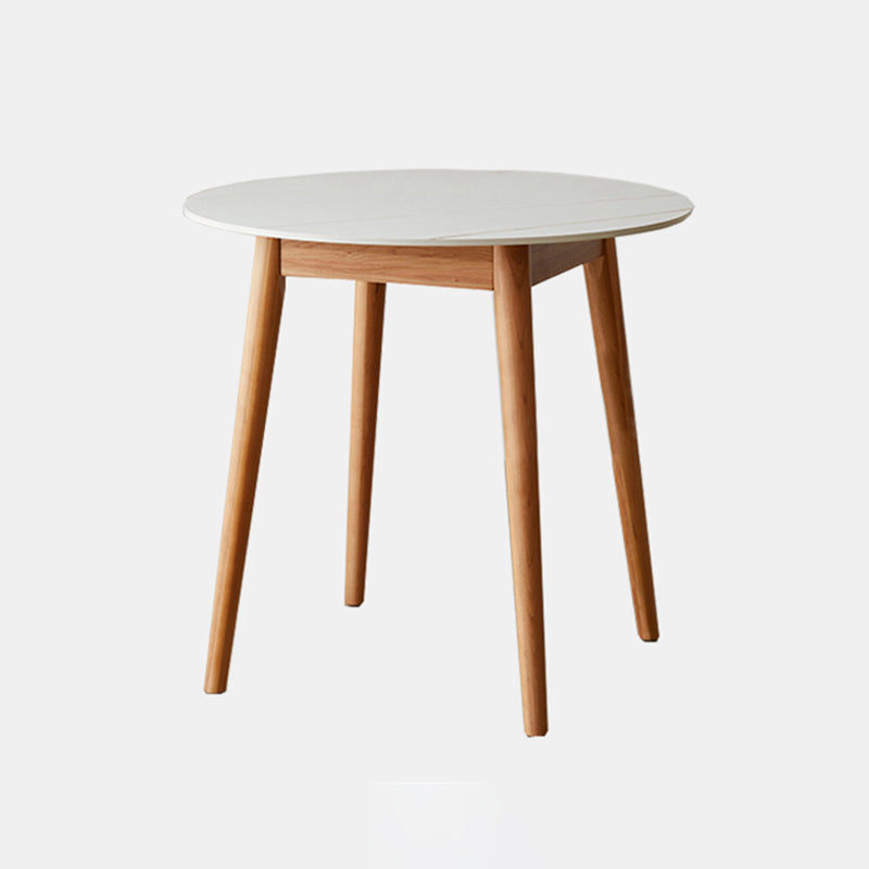 Contemporary Round Dining Table White Sintered Stone Table with 4 Cherry Wood Legs