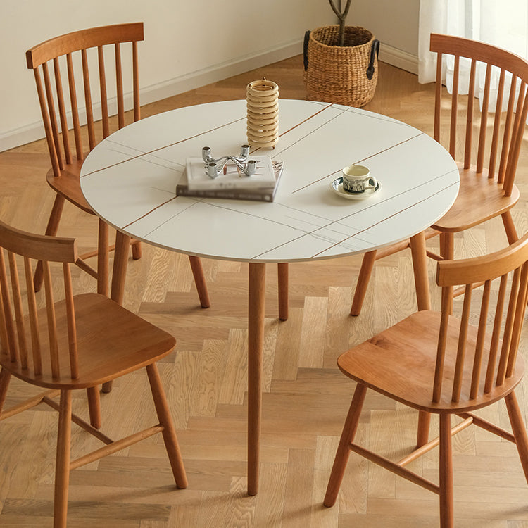 Contemporary Round Dining Table White Sintered Stone Table with 4 Cherry Wood Legs