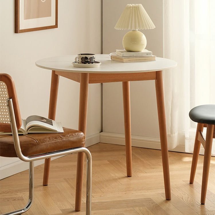 Contemporary Round Dining Table White Sintered Stone Table with 4 Cherry Wood Legs