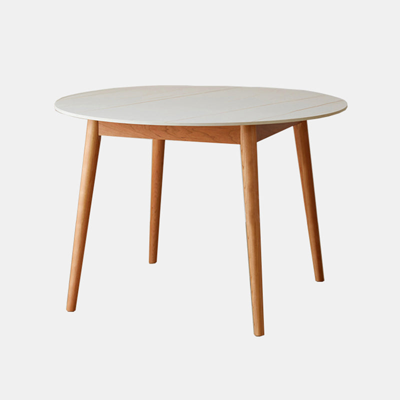 Contemporary Round Dining Table White Sintered Stone Table with 4 Cherry Wood Legs