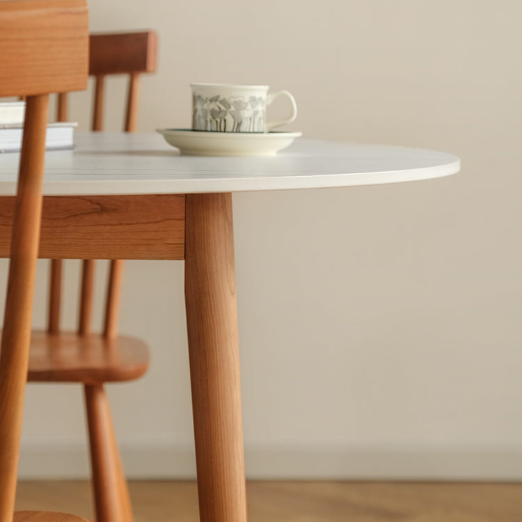 Contemporary Round Dining Table White Sintered Stone Table with 4 Cherry Wood Legs