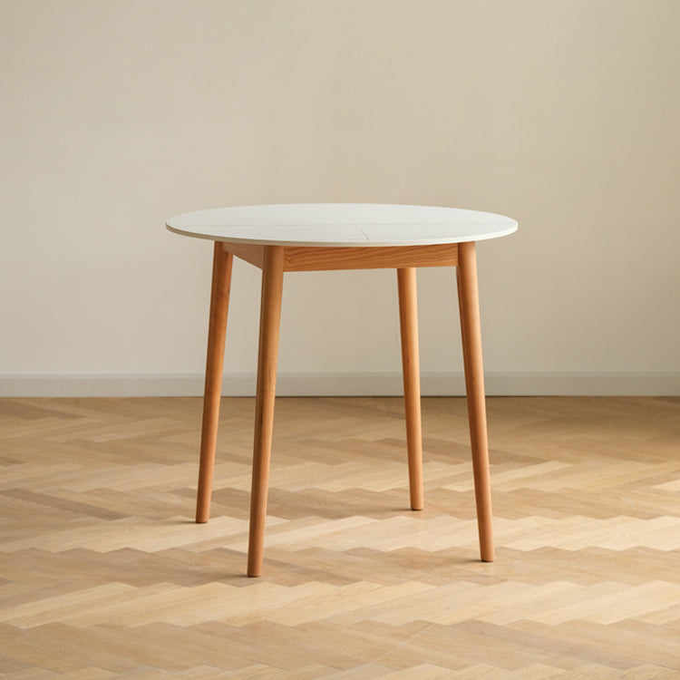 Contemporary Round Dining Table White Sintered Stone Table with 4 Cherry Wood Legs