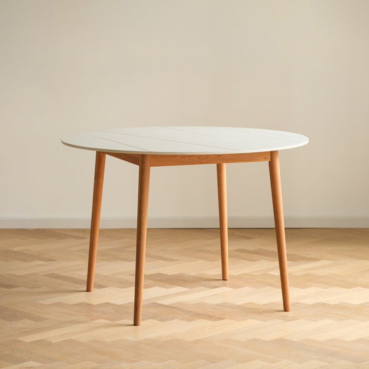 Contemporary Round Dining Table White Sintered Stone Table with 4 Cherry Wood Legs