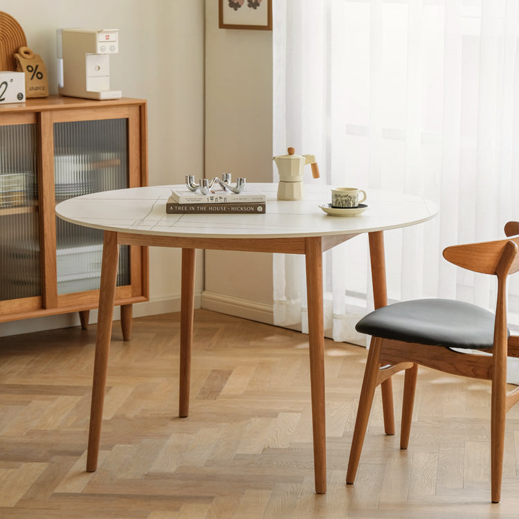 Contemporary Round Dining Table White Sintered Stone Table with 4 Cherry Wood Legs