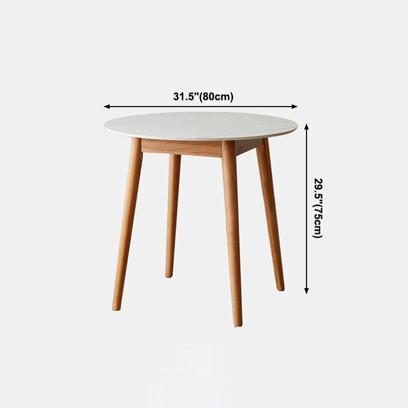 Contemporary Round Dining Table White Sintered Stone Table with 4 Cherry Wood Legs