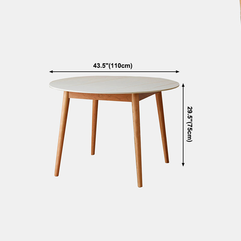 Contemporary Round Dining Table White Sintered Stone Table with 4 Cherry Wood Legs