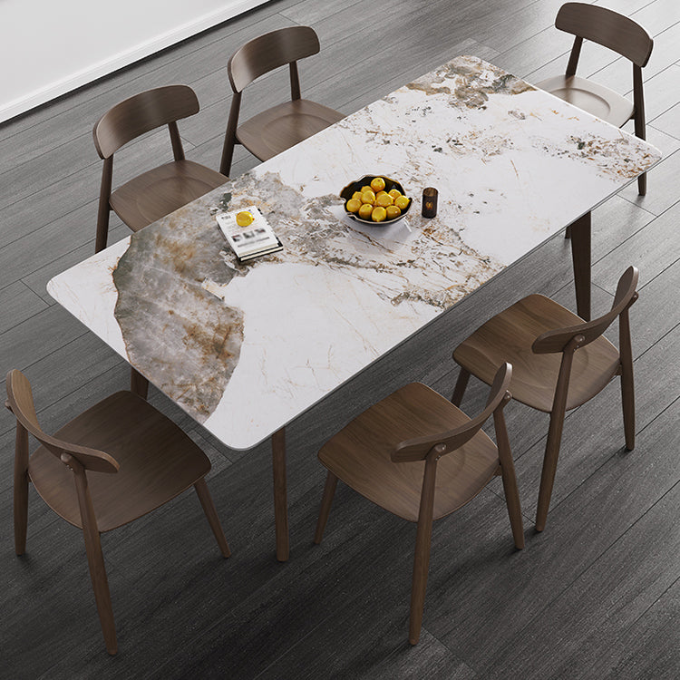 Mid-Century Modern Rectangle Dining Table Sintered Stone Table with 4 Solid Wood Legs