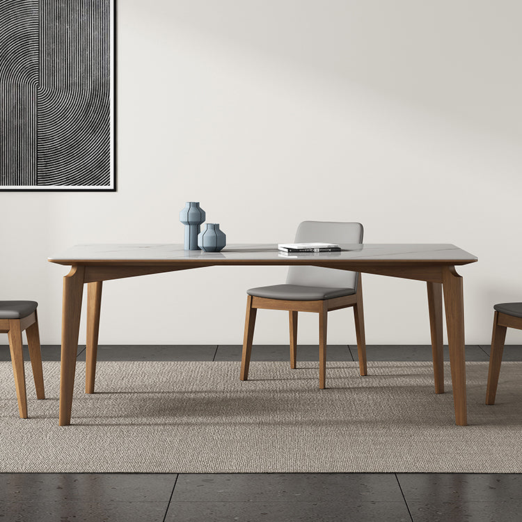 Mid-Century Modern Rectangle Dining Table White Sintered Stone Table with 4 Ash Solid Wood Legs